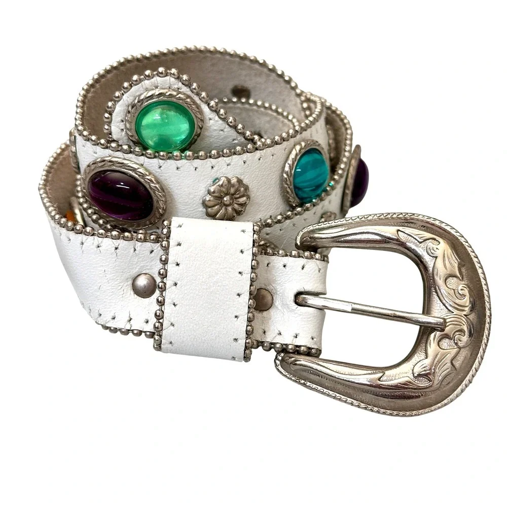 Vintage 80s Jeweled Cabochon Genuine Leather Belt M/L White Multicolor Festival